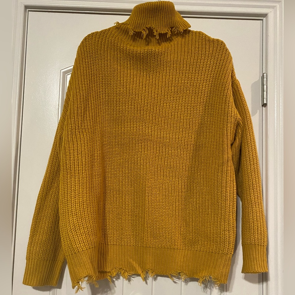 Love Star- Mustard Yellow Distressed Knit Long Sleeve Turtleneck- 1X
